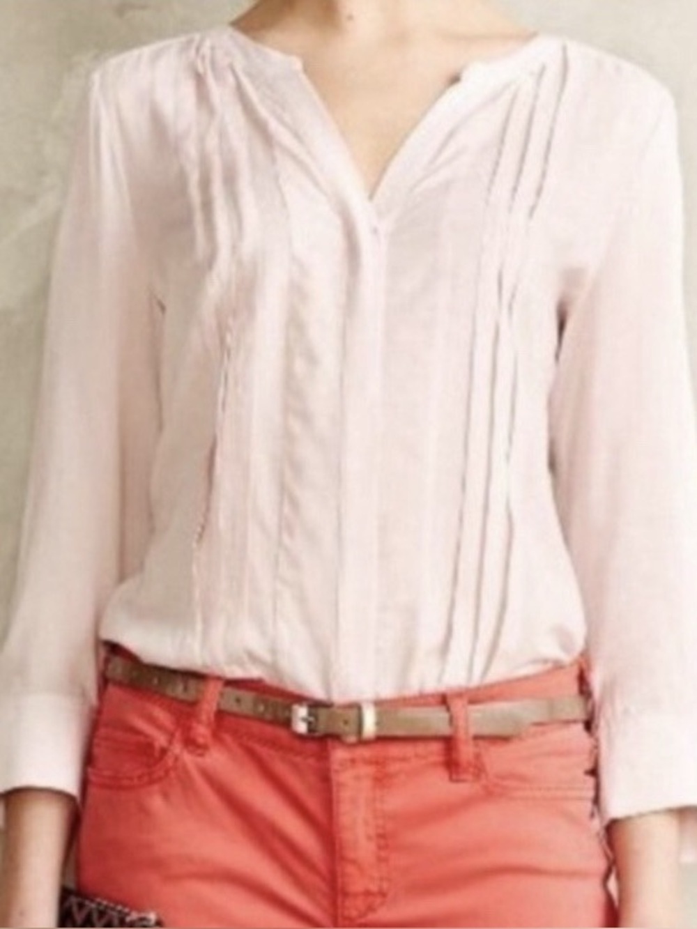 Maeve Anthropologie light pink 3/4 sleeve pin tuck pleated blouse size 12